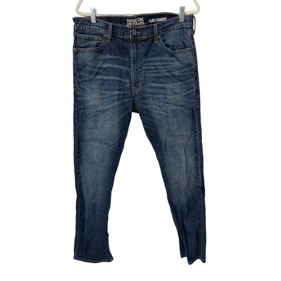 Signature Levi Strauss and Co Slim Straight Denim Jeans Size 36 Blue Dark Wash - Picture 1 of 7